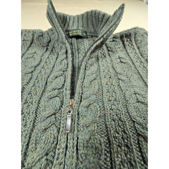 Blarney Wool Cable Knit Fisherman Sweater Cardigan Medium Full Zip Moss Green - Picture 2 of 16